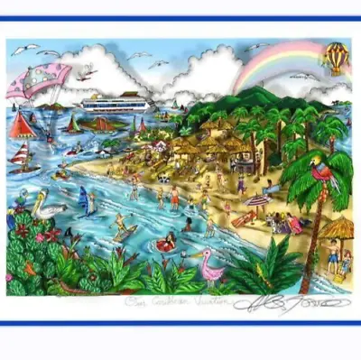 Charles Fazzino Our Caribbean Vacation  3D Island Framed DX #'d HAND SIGNED COA • $1150