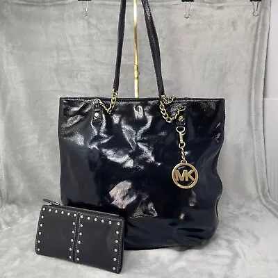 Michael Kors Tote Bag + Studded Card Wallet Shiny Patent Gold Chain Hardware • $69.99