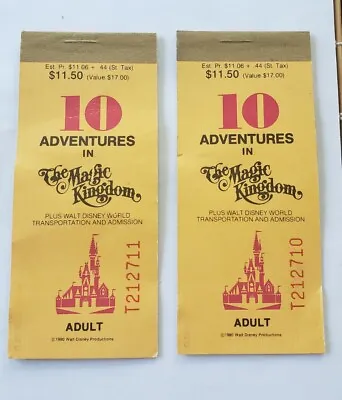 (2) 1980 Walt Disney World WDW Magic Kingdom Adult 10 Ticket Book - 5/10 & 7/10 • $12.75