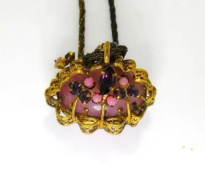 Vintage Czech Pink Peking Art Glass Fob Pendant Necklace Purple Rhinestones • $45