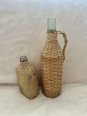 Antique Rattan Wrapped Green Glass Demijohn Bottle Wicker Woven 13” + 8” Bonus • $64.45