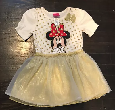 Disney Kids Minnie Mouse T-shirt Tutu Dress White Gold Polka Dot 2T Gold Glitter • $9.99