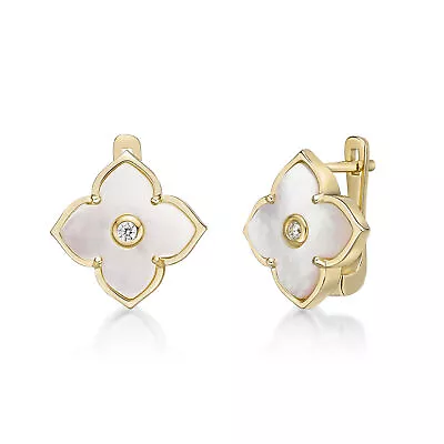 Mother Of Pearl Flower Stud Earrings Yellow Sterling Silver Hinge Post Back 16 M • $44.99