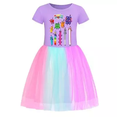 Kids Number Blocks Short Sleeve Dress Girls Rainbow Skirt Party Fancy Dress 3-12 • £8.07