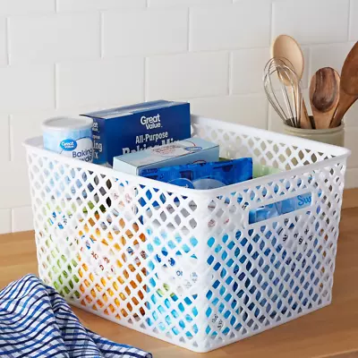 Large Decorative Plastic Storage Basket W/Handles Mesh Design Container Bin • $16.76