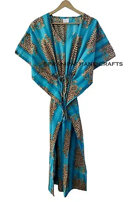 Women Turquoise Tibetan Tiger Print Cotton Maxi Boho Beach Cover Up Caftan Dress • $22.07