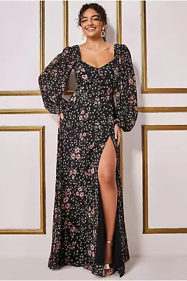 £39 • Buy Goddiva Black, Peach, Gold Floral Chiffon Maxi Dress With Shirred Back. RRP £68