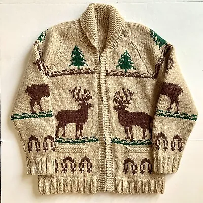 Vtg Mary Maxim Cowichan Sweater Mens XL Talon Zip Elk Deer Tree Wool Thick Cowl • $114.79