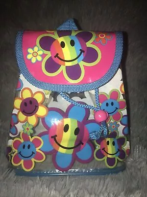 Lisa Frank Vintage Mini Backpack Smiley Face Flower Rainbow Clear Drawstring • $110