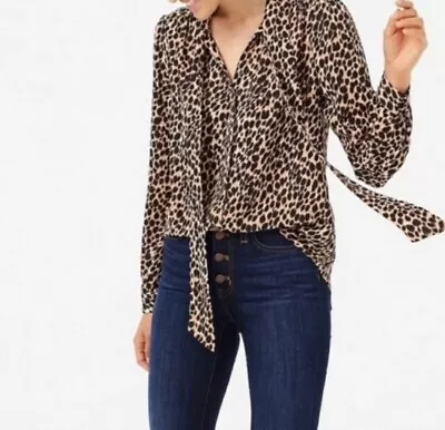 J. Crew Leopard Print Chiffon Tie Neck Button Front Blouse Shirt Top Size M • $12.50