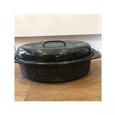 Vintage Speckled Enamelware Covered Oval Roaster • $45