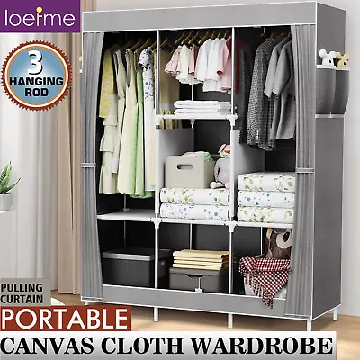 Large Clothes Closet Canvas Wardrobe W/Hanging Rail Portable Storage Cupboard AU • $27.99