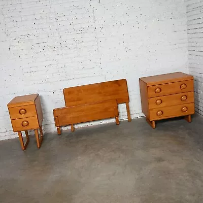 Art Moderne Maple Twin Bed Headboard Footboard Small Chest & Nightstand 3 Piece • $3495