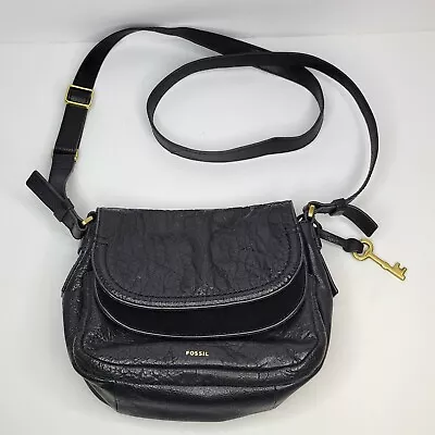 Vintage Fossil Peyton Womens Handbag Purse Black Leather  Double Flap Crossbody • $49.99