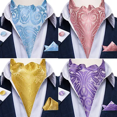 Mens Silk Cravat Ascot Vintage Scarf Gold Paisley Tie Hanky Cuffs Wedding Event • $7.51