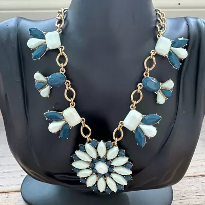 J. Crew Gold Tone Chain Blue White Gemstone Floral Pendant Statement Necklace • $22