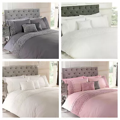 Embellished Ruffled Flowers Duvet Cover Set OR Cushion - Cream Grey White Pink • £19.99