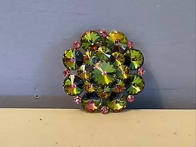 Vintage WEISS Aurora Borealis Rhinestone Brooch Pin Green Pink Beautiful! • $55