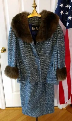 VTG 60's Harbrooke Blue Woven Wool Suit Mink Collar Cuffs Miller & Rhoads VA • $240