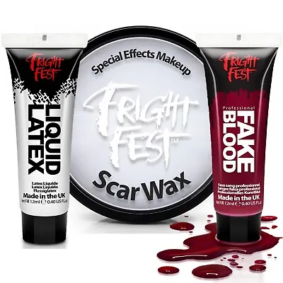 SFX Halloween Makeup Set Kit Fake Wounds Scars Wax Blood Liquid Latex Zombie • £9.99