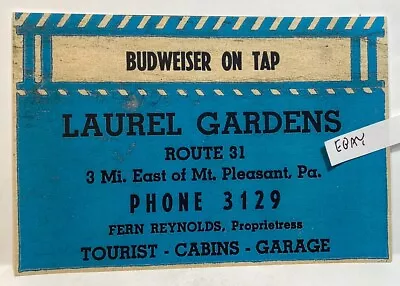 Early Mt. Pleasant Pa. Laurel Gardens Tourist Cabins Garage Beer Ad New Postcard • $9.95