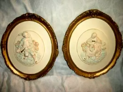 1950s CHALKWARE PLASTER ROMANTIC COUPLE PLAQUES HP PASTELS ALEXANDER BACKER NY • £96.41