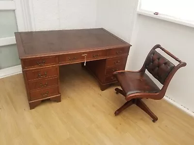 5x3ft VINTAGE BROWN LEATHER TOP CAPTAINS DESK (in 3 Parts) + KEY + TYPIST CHAIR • £795