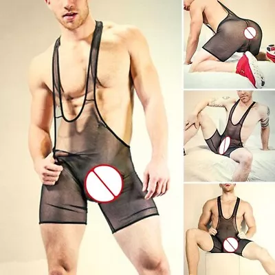 Stylish Mesh Seethrough Men's Jumpsuit Nightclub Stage Costume Underwear • £13.20