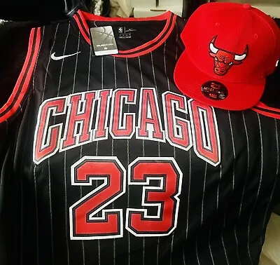 BRAND NEW Michael Jordan Bulls Pinstripe Nike Jersey + Red On Red Away Hat Lot🔥 • $89.99