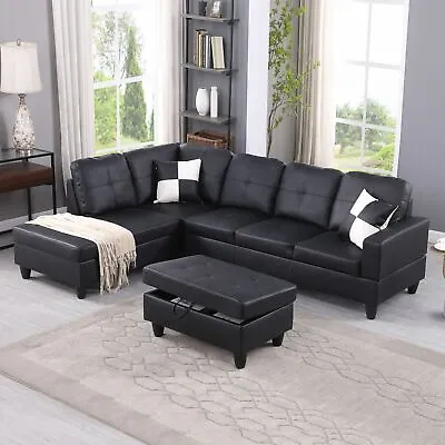 Black Faux Leather Sectional Sofa Set L-Shape Couch Living Room Modern Furniture • $729.79