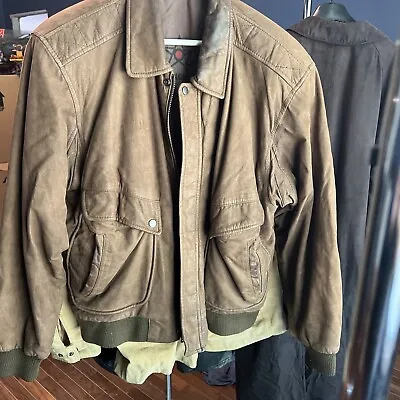Vintage U2 Wear Me Out Leather Jacket Size 42 WWII Plane Military Graphic Brown • $70