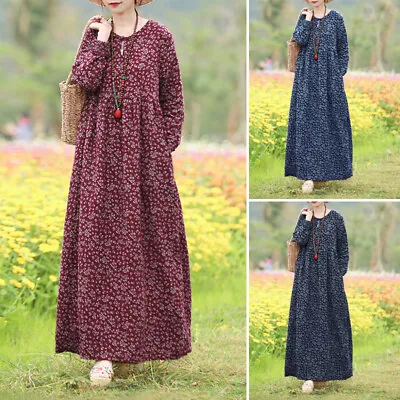 Womens Long Sleeve Printed Floral Cotton Dress Casual Loose Kaftan Maxi Dresses • £15.73