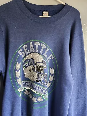 Vintage 80s Seattle Seahawks Champion L Blue Crewneck Sweatshirt - Rare • $46.85