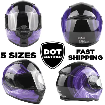 DOT Flip Up Modular Helmet Motorcycle Adult Purple Swirl Integrated Sun Visor • $69