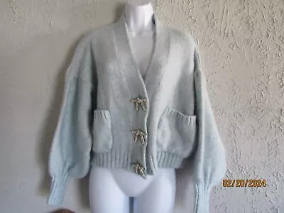 Zara Nwt S Blue Cropped Oversized Poly Wool Blend Fuzzy Sweater Rhinestone Bows • $74