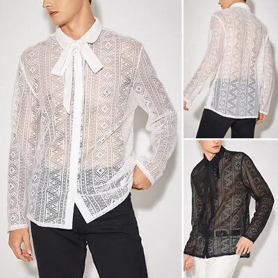 Fashion Mens Lace Crochet Long Sleeve Tops Party Wedding Club Shirt Blouse Plus • $20.97