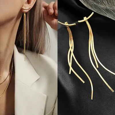 Long Gold Plated Thread Tassel Earrings Women Glossy Arc Bar Drop Dangle Stud • £3.59