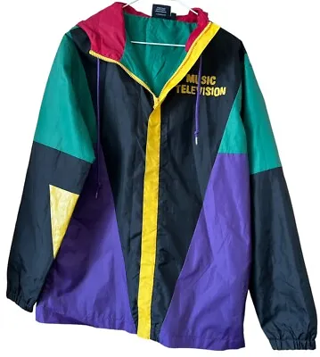 MTV Music Television Wind Breaker Rain Jacket Color Blocked Hooded Zip Small • $25.49