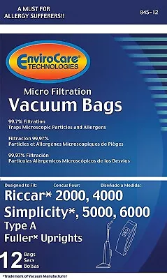 $13.90 • Buy Riccar Vacuum Bags Type A 12 Pack By Envirocare