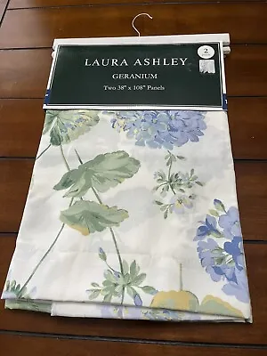 Pair Laura Ashley Curtain Panels 38  X 108  Geranium White W/ Blue Green Floral • $69.99