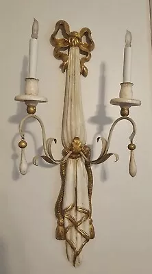 Vintage Wood Gilt Double Candle Wall Sconce With Bow Ribbon And Tassel Design • £820.36