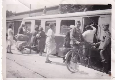 Original WWII Snapshot Photo GERMAN W/ BIKE BICYCLE Boarding TRAIN RAILROAD 0260 • $10