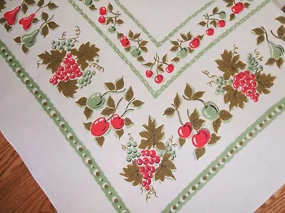 Vintage  Red & Green Fruit Tablecloth Cherry Grapes Pears & More 66 X 52 Linen • $21.95