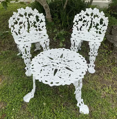 Vtg Victorian White Cast Iron Garden Grape & Leaf Pair Of Chairs & Table Set • $499