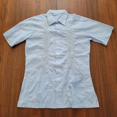 Vintage Guayabera Light Blue Embroidered Wedding Barber Shirt Small Tapered  • $22.49