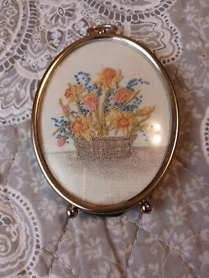 Vintage Needlepoint Flowers In Basket Embroidered Picture Framed Oval  • $12.95