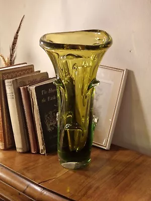 Large Vintage 1960s Mstisov Moser Karlovarske Yellow Green Pulled Art Glass Vase • £64.99