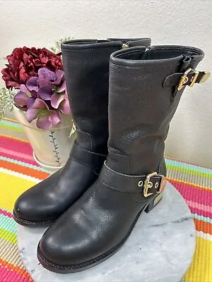 Vince Camuto VC-Winchell Black Silk Goat Leather Gold Accent Boots Women's 7.5 M • $39
