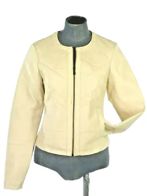 Faux Leather Womens Jacket  White Short Collarless Front Zip Slash Pockets XS • $9.94