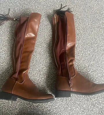 Brown/Tan Flat Calve Boots With Fake Zip Detailing And Tassel Size UK 4 • £5